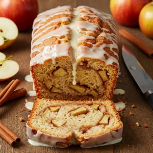 Sliced Country Apple Fritter Bread with Glaze Drizzle