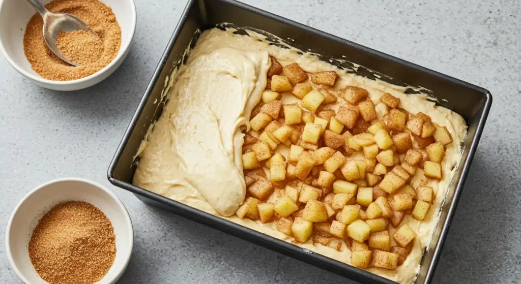 Batter and Apple Mixture in a Loaf Pan Ready for Baking