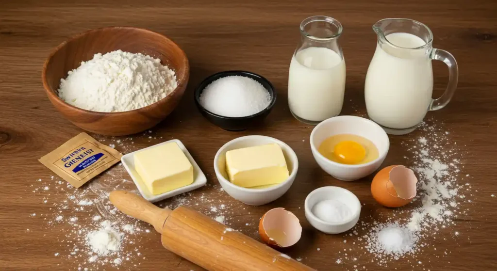 Flour, Butter, Yeast, Milk, and Eggs for Gipfeli