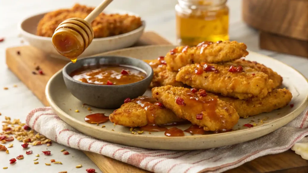Golden Fried Chicken Tenders Drizzled with Hot Honey Sauce
