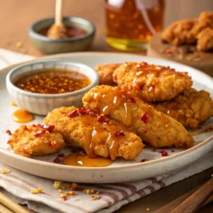 Plated Hot Honey Chicken Tenders with Sauce and Pickles