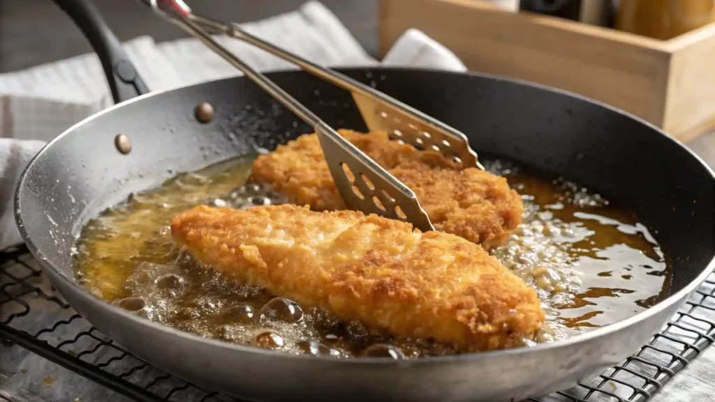 Crispy Chicken Tenders Frying in Hot Oil