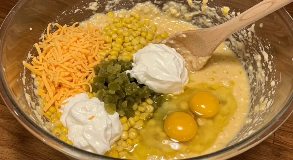 Combining Ingredients for Jiffy Mexican Cornbread Batter