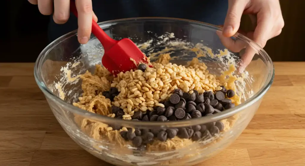Mixing Rice Krispies and Chocolate Chips into Cookie Dough