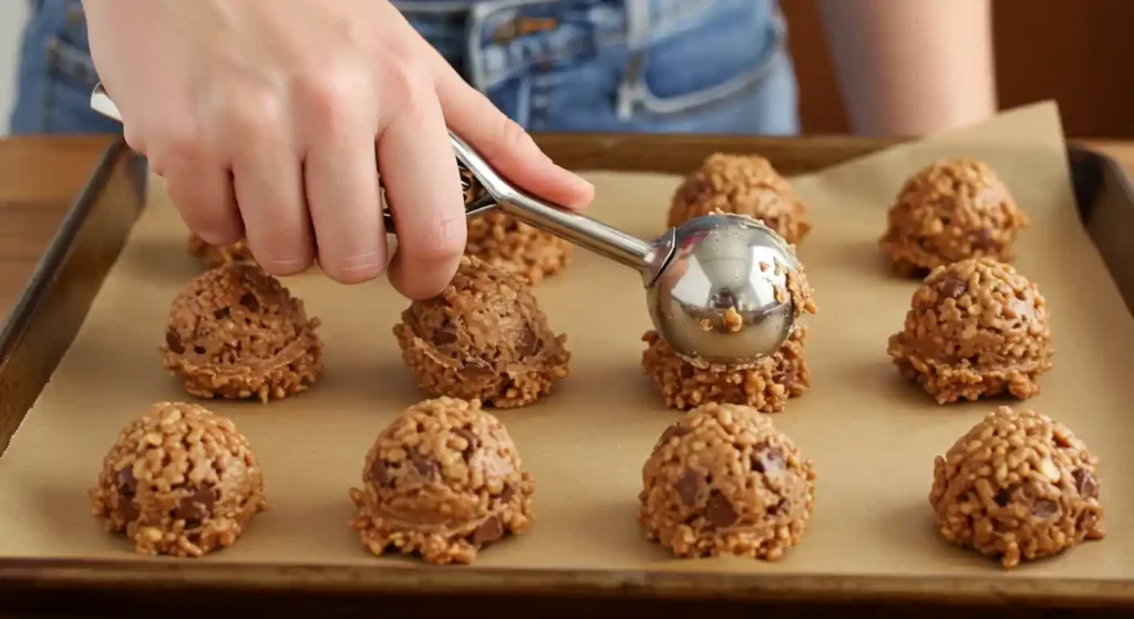 Cookie Dough Balls Being Placed on Baking Sheet