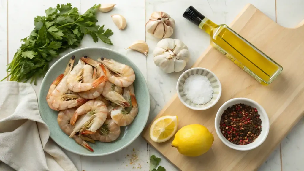 Raw Shrimp, Garlic, Olive Oil, and Seasonings on Kitchen Counter