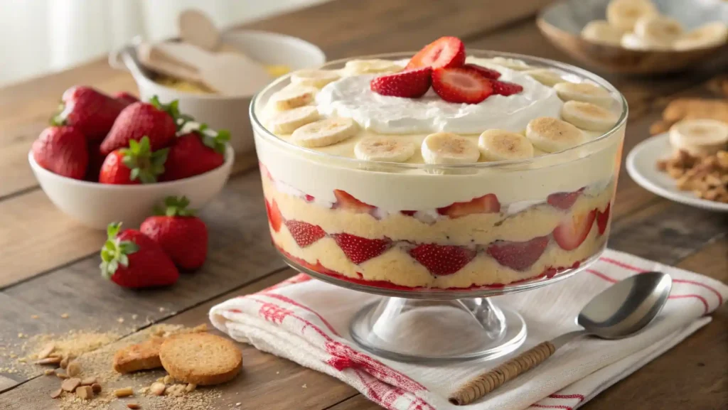 A bowl of homemade strawberry banana pudding with fresh fruit garnish