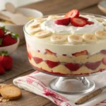 A bowl of homemade strawberry banana pudding with fresh fruit garnish