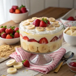 A trifle dish of strawberry banana pudding with layers of fruit, cookies, and creamy pudding