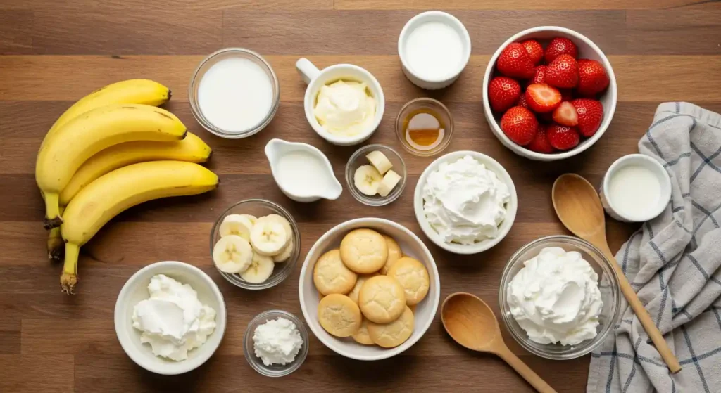 Fresh ingredients for making strawberry banana pudding
