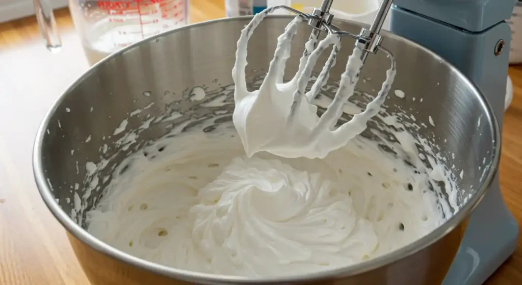A bowl of pudding mixture being whisked to a smooth consistency