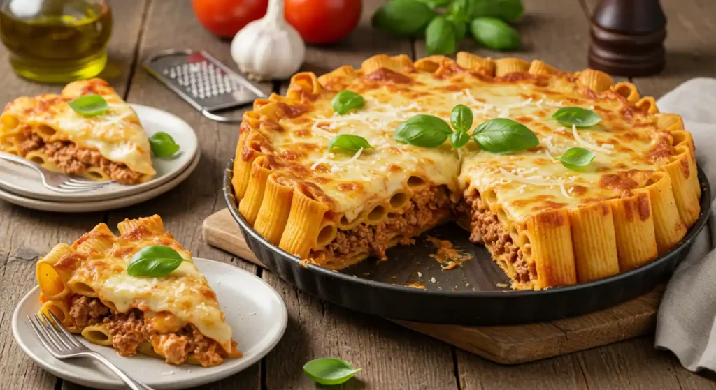 Golden Baked Stuffed Rigatoni with Cheese and Tomato Sauce