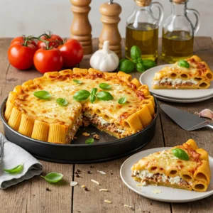 A Slice of Cheesy Stuffed Rigatoni Pie Fresh from the Oven