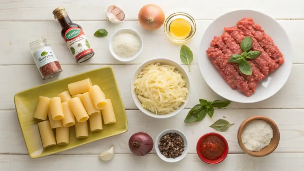 A Flat-Lay of Stuffed Rigatoni Ingredients on a Wooden Table