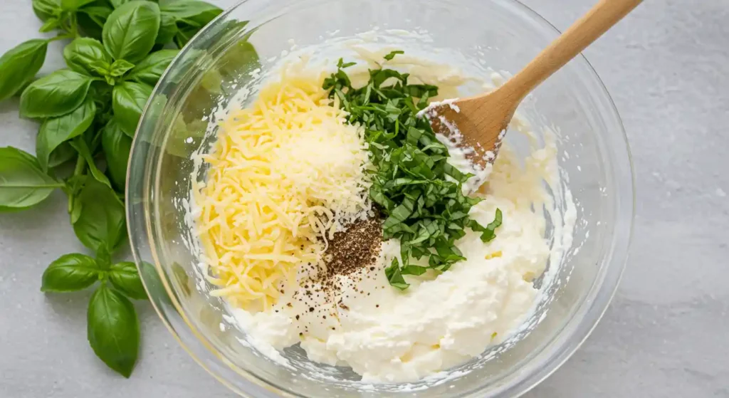 Ricotta, Mozzarella, Parmesan, and Seasonings in a Mixing Bowl