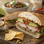 Juicy Turkey Mexican Torta Cut in Half on Wooden Board