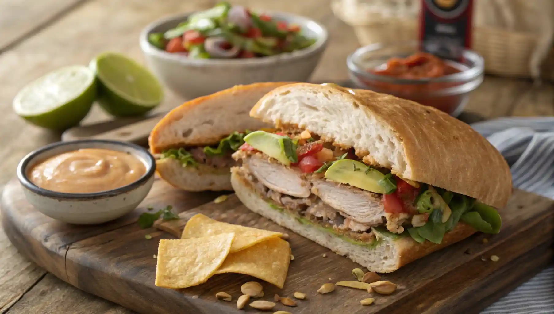 Juicy Turkey Mexican Torta Cut in Half on Wooden Board