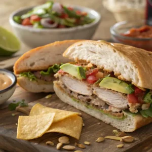 Completed Turkey Mexican Torta Served with Salsa and Lime
