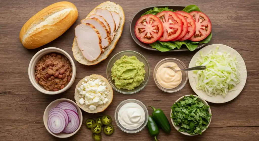 Turkey Mexican Torta Ingredients Laid Out on Wooden Surface