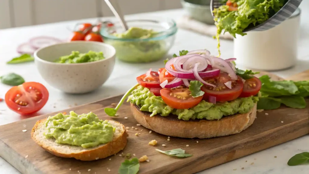 Adding Lettuce, Tomato, and Avocado to Turkey Torta