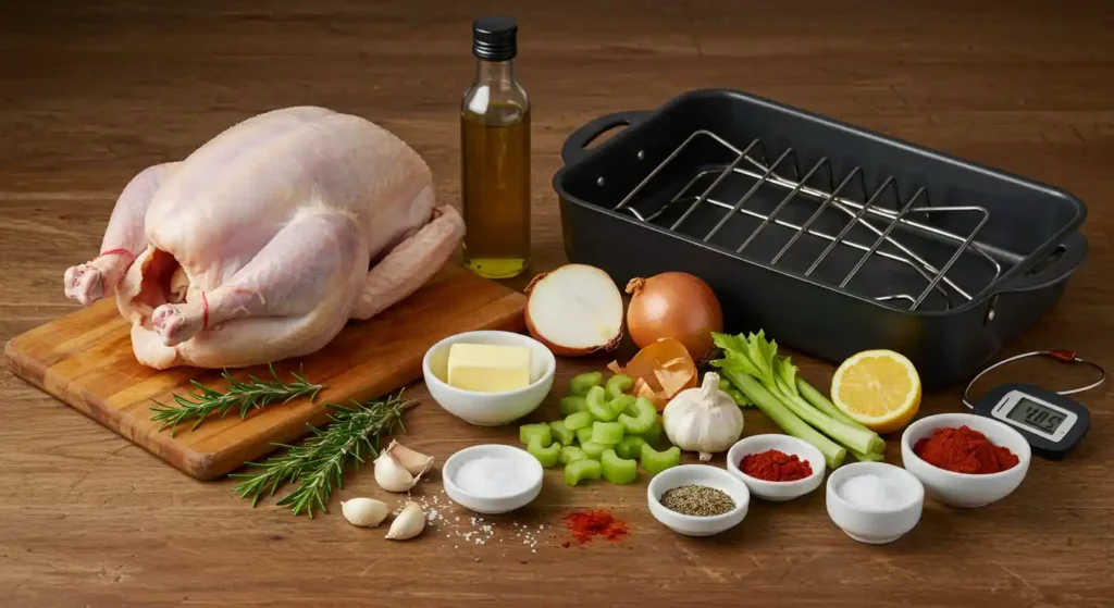 Raw Turkey and Seasonings Ready for Roasting