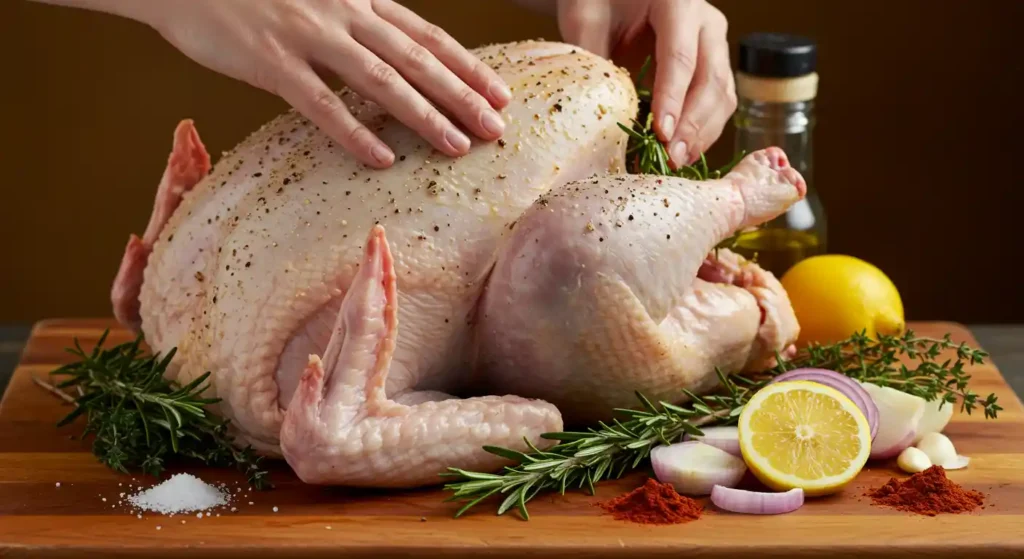 Raw Turkey Being Seasoned with Butter, Herbs, and Spices