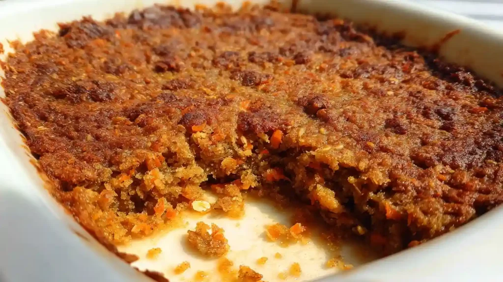 Golden carrot cake baked oatmeal squares in baking dish with cream cheese drizzle and chopped walnuts