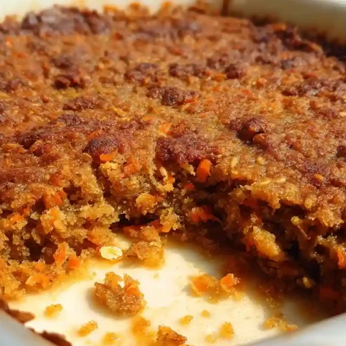 Golden carrot cake baked oatmeal squares in baking dish with cream cheese drizzle and chopped walnuts