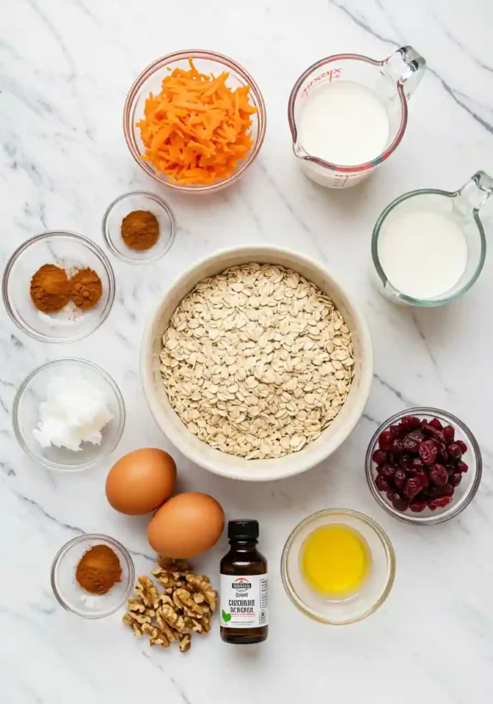 Carrot cake baked oatmeal ingredients including oats, grated carrots, spices, eggs, and milk arranged on counter