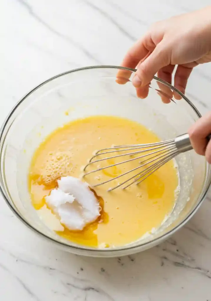 Hands whisking wet ingredients including milk, eggs, and maple syrup in glass bowl for carrot cake baked oatmeal