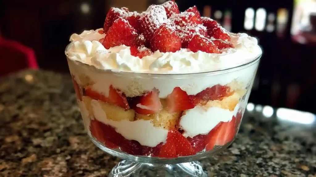 Elegant strawberry shortcake trifle in glass bowl with visible layers of angel food cake, vanilla pudding, and fresh strawberries topped with whipped cream