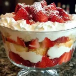 Elegant strawberry shortcake trifle in glass bowl with visible layers of angel food cake, vanilla pudding, and fresh strawberries topped with whipped cream