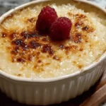 Baked rice pudding with golden brown top in ceramic dish on wooden table