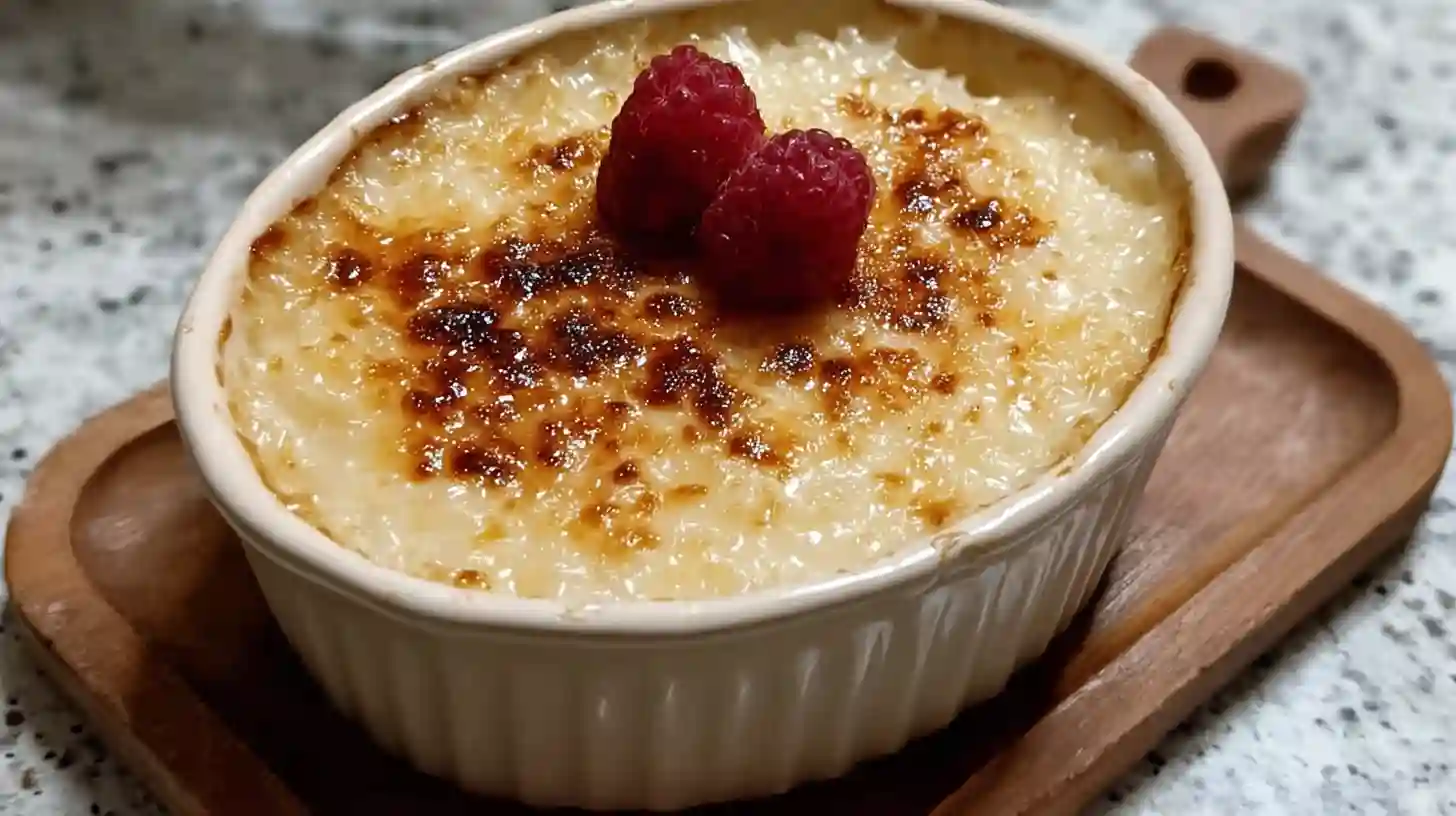 Baked rice pudding with golden brown top in ceramic dish on wooden table