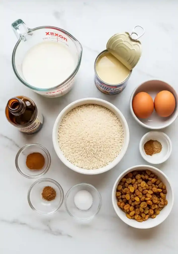 Rice pudding ingredients including condensed milk, rice, eggs, and spices arranged on counter