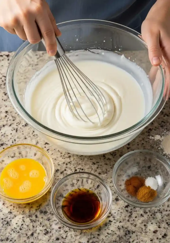 Hands whisking milk and condensed milk together in glass bowl for rice pudding custard