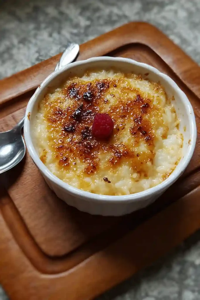 Bowl of warm baked rice pudding with cinnamon garnish and rising steam