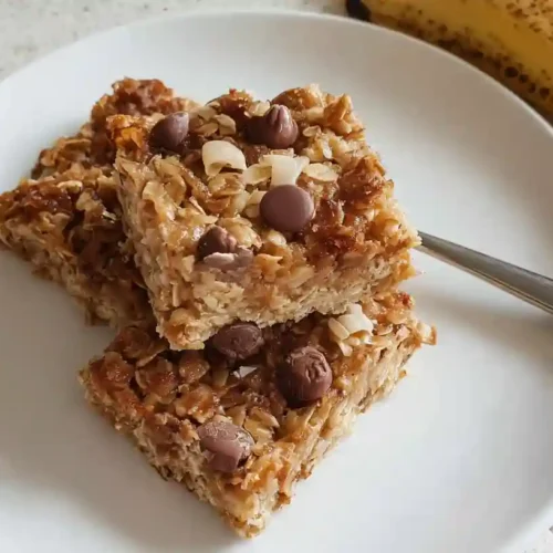 Stack of golden banana oatmeal bars with chocolate chips on white plate with scattered oats