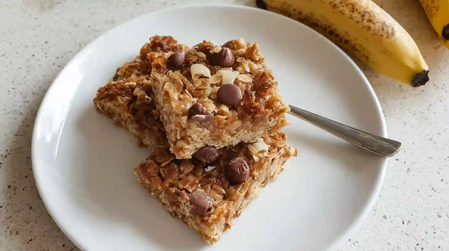 Stack of golden banana oatmeal bars with chocolate chips on white plate with scattered oats