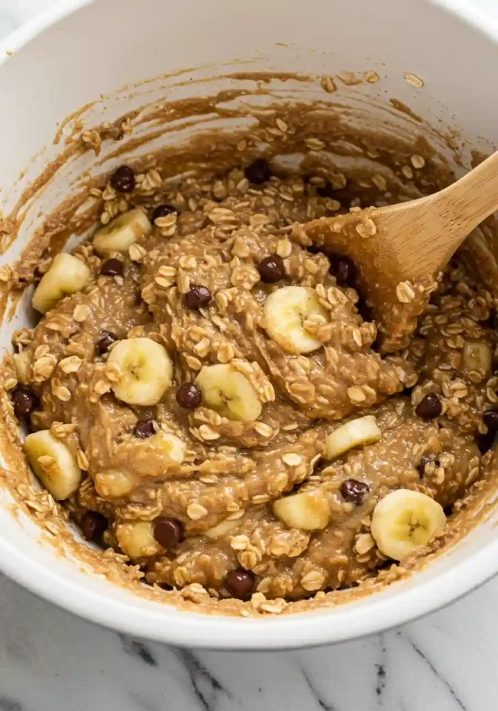 Thick banana oatmeal mixture being stirred in white bowl showing oats, mashed bananas, and chocolate chips combined