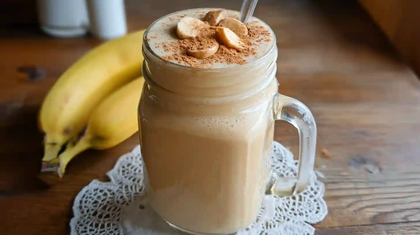 Creamy banana peanut butter smoothie in a tall glass garnished with banana slice and peanut butter drizzle
