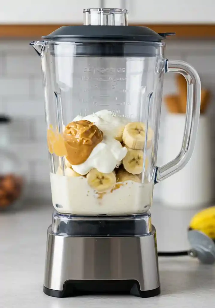 Clear blender jar showing properly layered ingredients with almond milk at bottom, yogurt and peanut butter in middle, and frozen banana on top