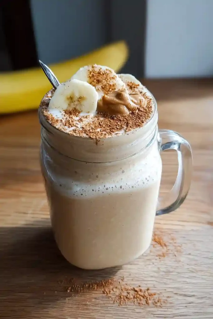 Thick banana peanut butter smoothie pouring from blender pitcher into glass showing creamy milkshake-like consistency
