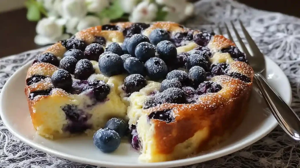 Golden-brown Blueberry Cottage Cheese Breakfast Bake in white dish with burst blueberries, sliced almonds, and one slice removed showing creamy interior