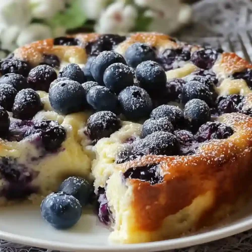 Golden-brown Blueberry Cottage Cheese Breakfast Bake in white dish with burst blueberries, sliced almonds, and one slice removed showing creamy interior