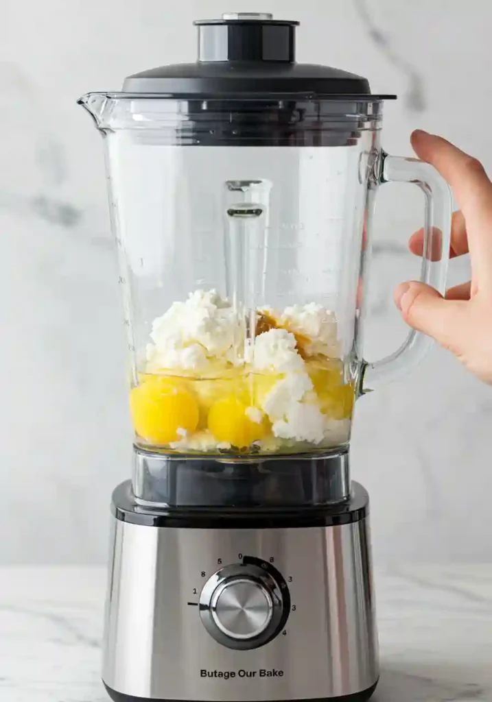 Clear blender jar filled with cottage cheese, eggs, coconut oil, and vanilla extract ready to blend into smooth mixture for breakfast bake