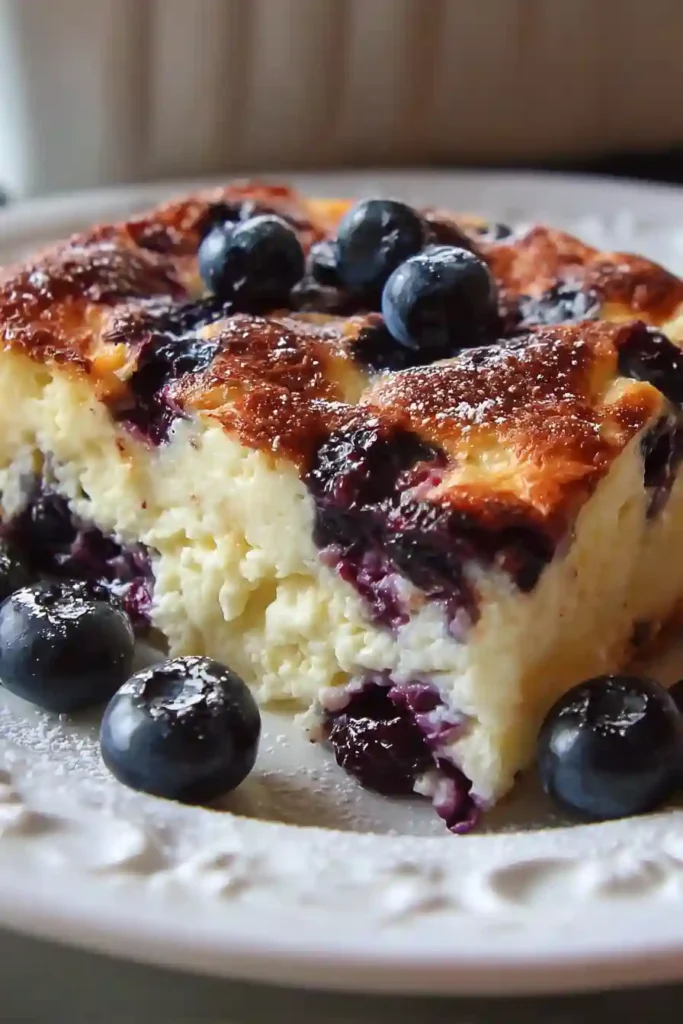 Warm Blueberry Cottage Cheese Breakfast Bake cut into squares on cutting board with one piece plated and drizzled with maple syrup, coffee in background