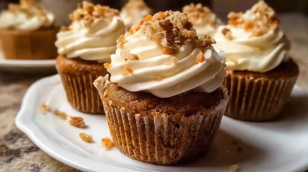 Moist carrot cake muffins topped with cream cheese frosting and chopped walnuts on white plate