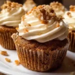 Moist carrot cake muffins topped with cream cheese frosting and chopped walnuts on white plate
