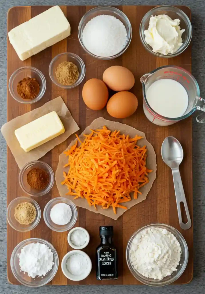 Fresh ingredients for carrot cake muffins including shredded carrots, flour, spices, butter, eggs, and cream cheese